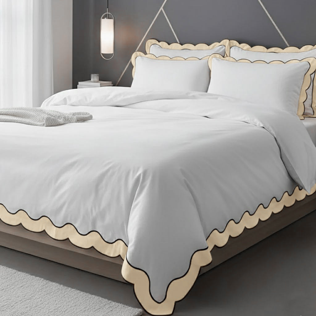 Scalloped & Wavy Applique Embroidery Cotton Duvet Cover Set