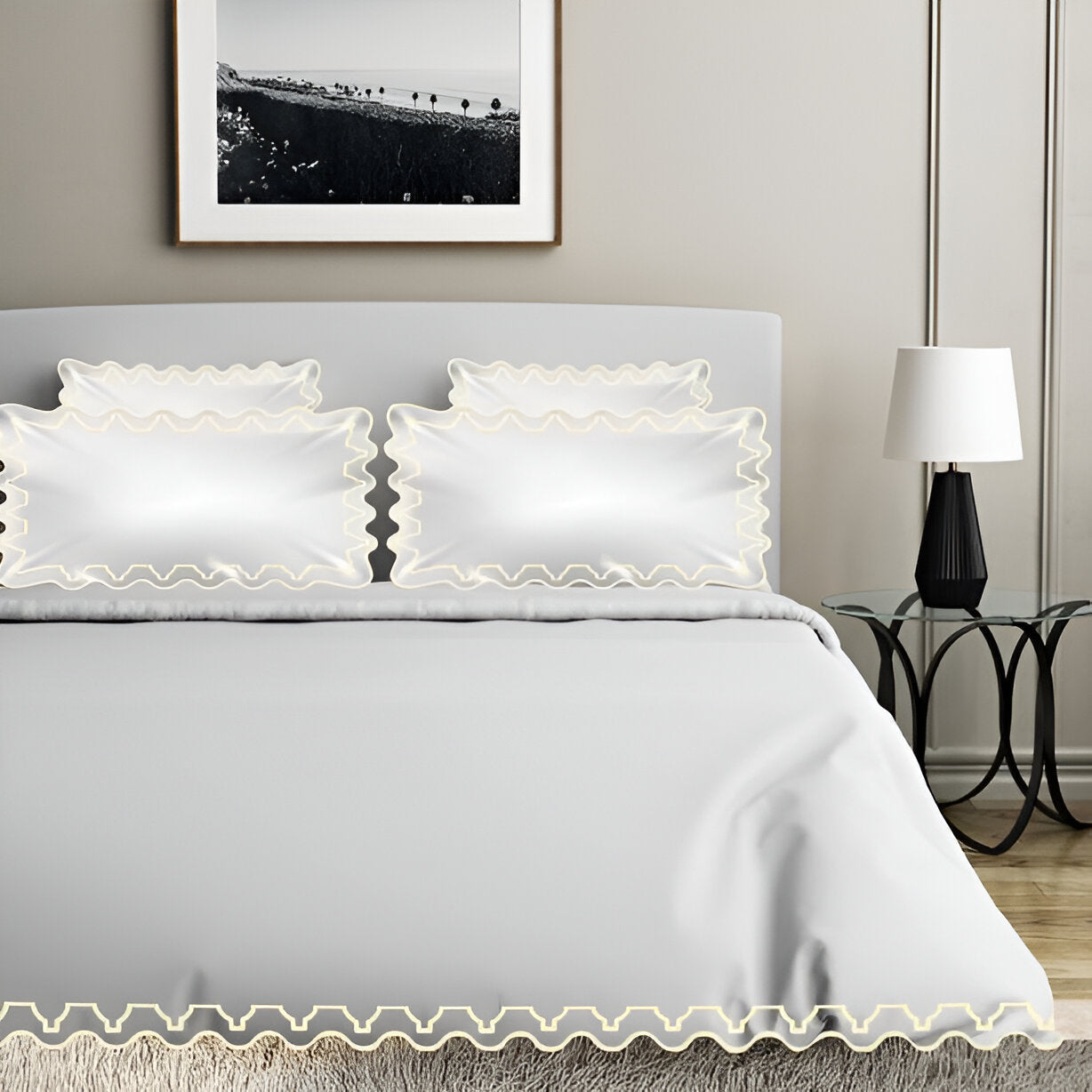 Imaginary Scallop 400TC Cotton Embroidery Sateen Solid Duvet Cover Set