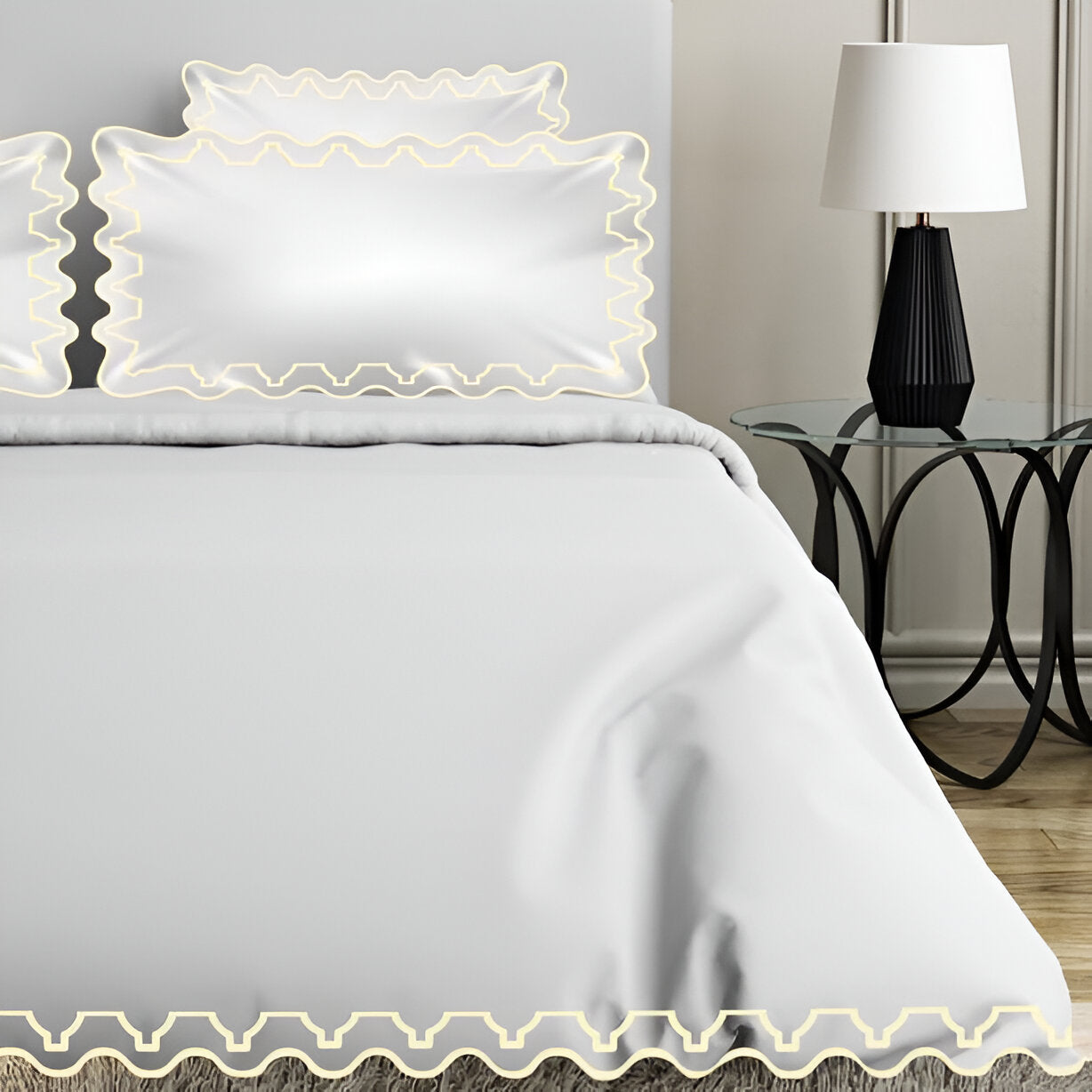 Imaginary Scallop 400TC Cotton Embroidery Sateen Solid Duvet Cover Set
