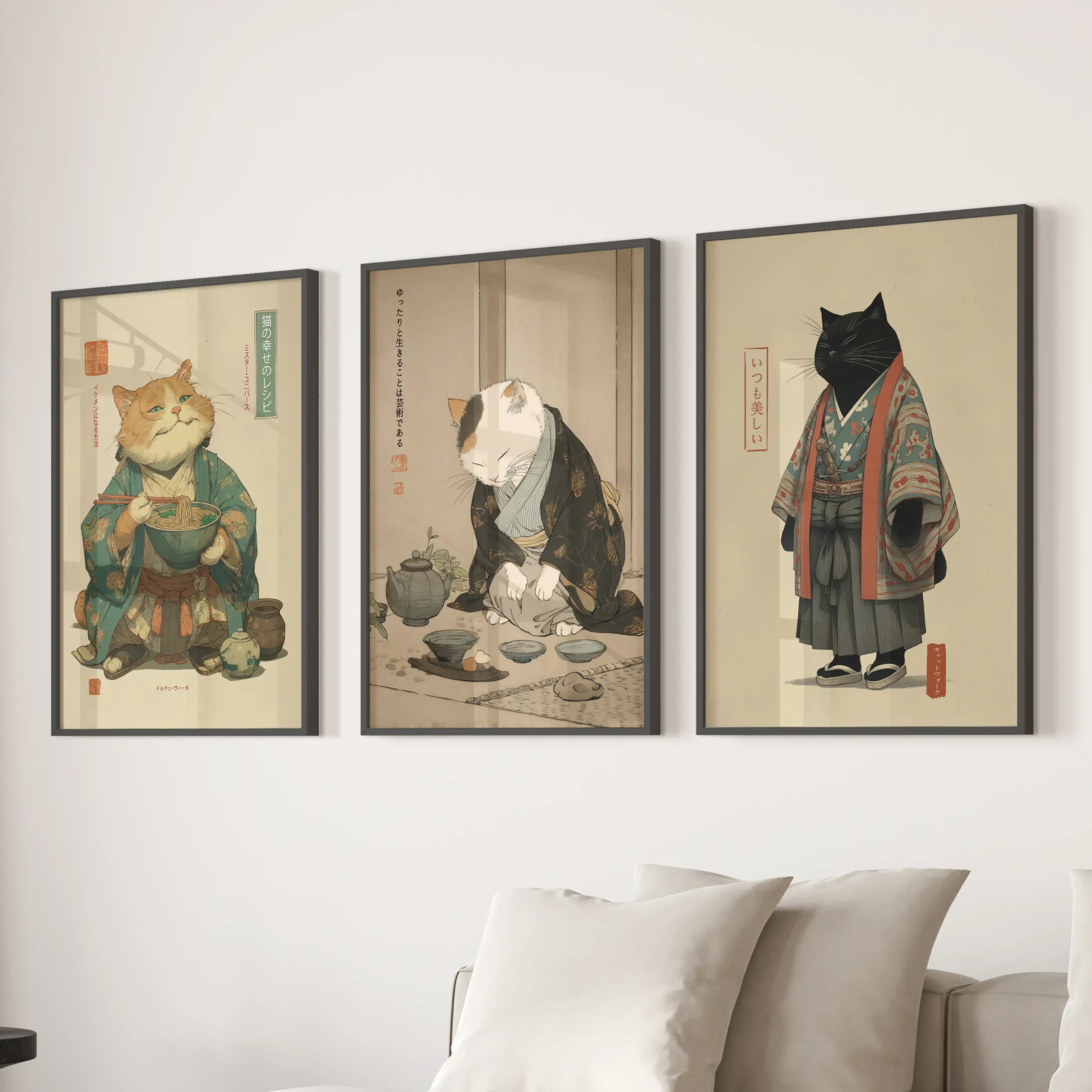 Japanese Ukiyo-e Style Cat Wall Art Set of 3. Tea Ceremony