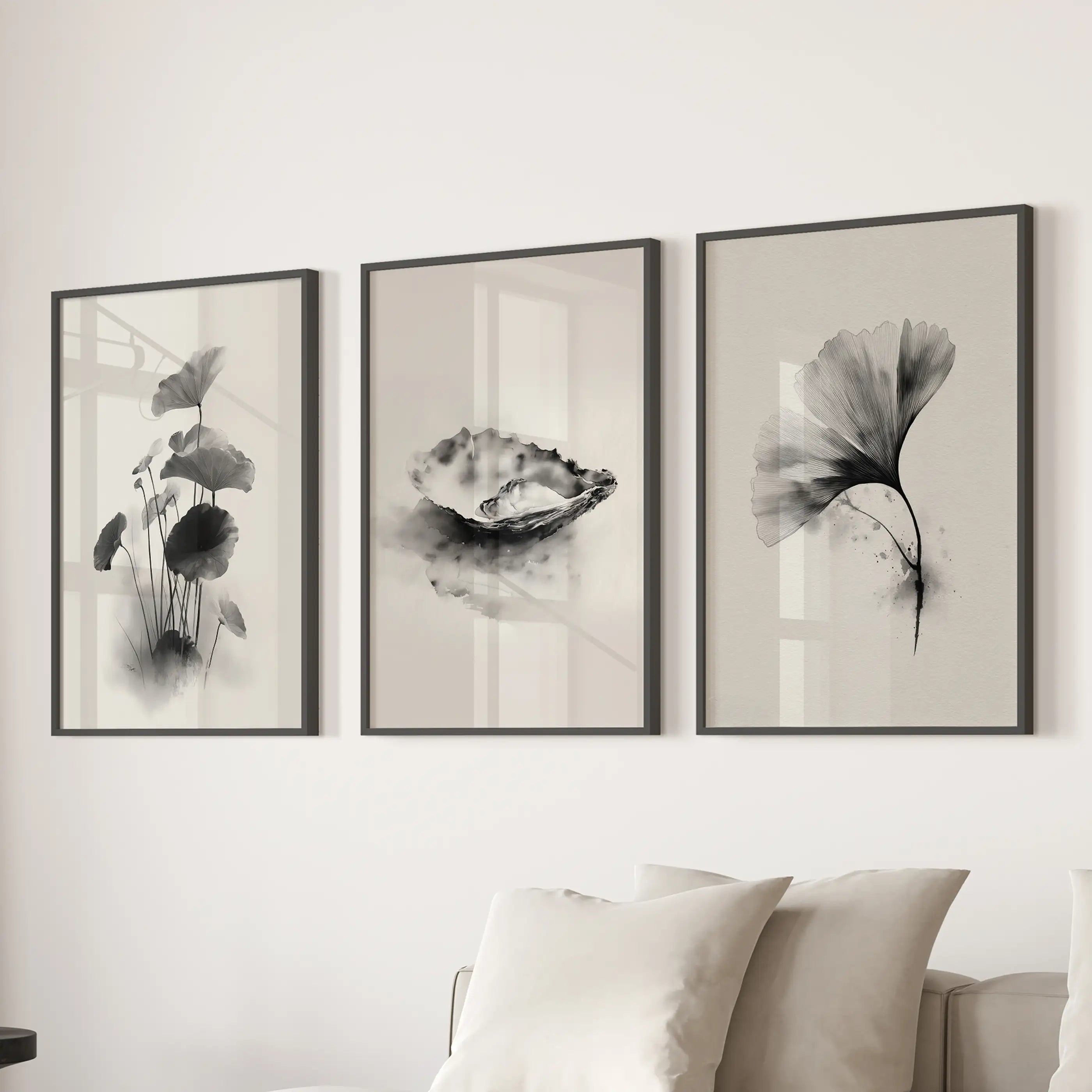 Minimalist Japanese Set of 3 Prints. Black and White Flowers Decor