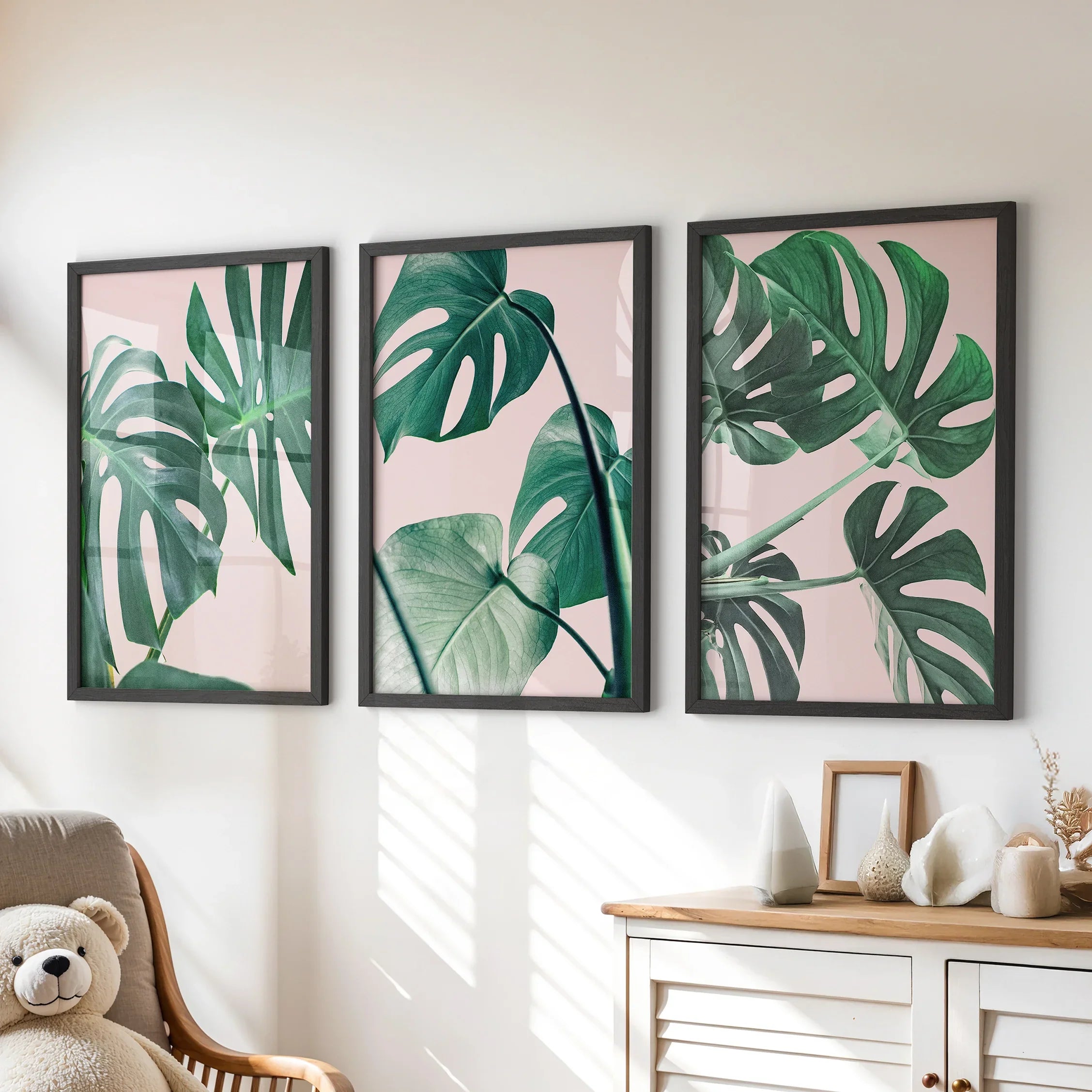 Pink Botanical 3 Piece Wall Art. Green Monstera Leaves Print