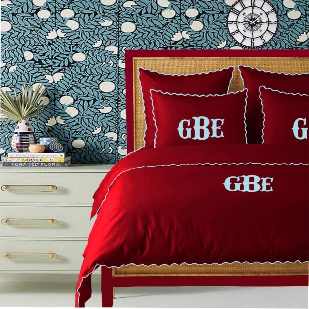 Monogram Burgundy 400TC Cotton Small Scallop Embroidery Duvet Cover Set