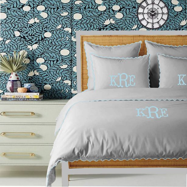 Monogram Light Grey 400TC Cotton Small Scallop Embroidery Duvet Cover Set