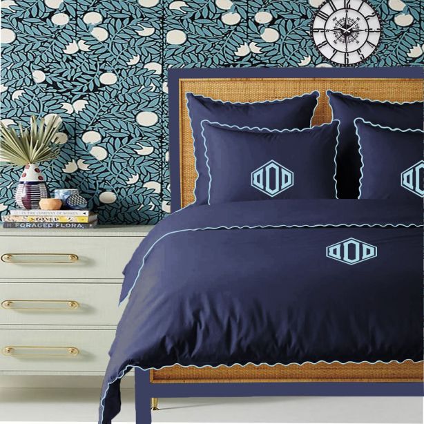 Monogram Navy 400TC Cotton Small Scallop Embroidery Duvet Cover Set