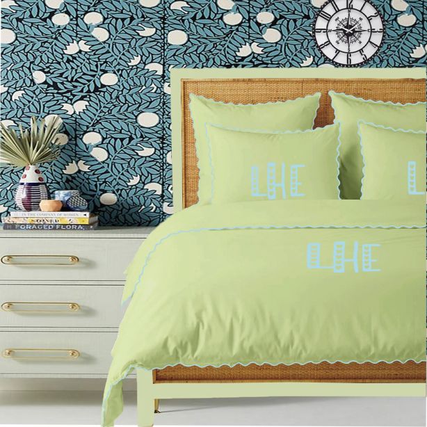 Monogram Sage 400TC Cotton Small Scallop Embroidery Duvet Cover Set