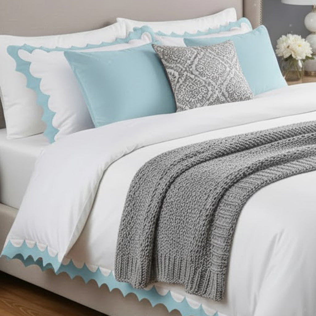 Reverse Scalloped Applique Embroidery Cotton Duvet Cover Set
