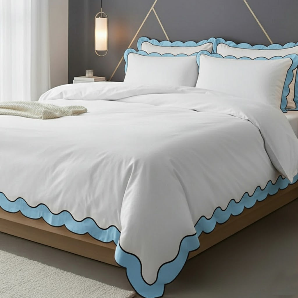Scalloped & Wavy Applique Embroidery Cotton Duvet Cover Set