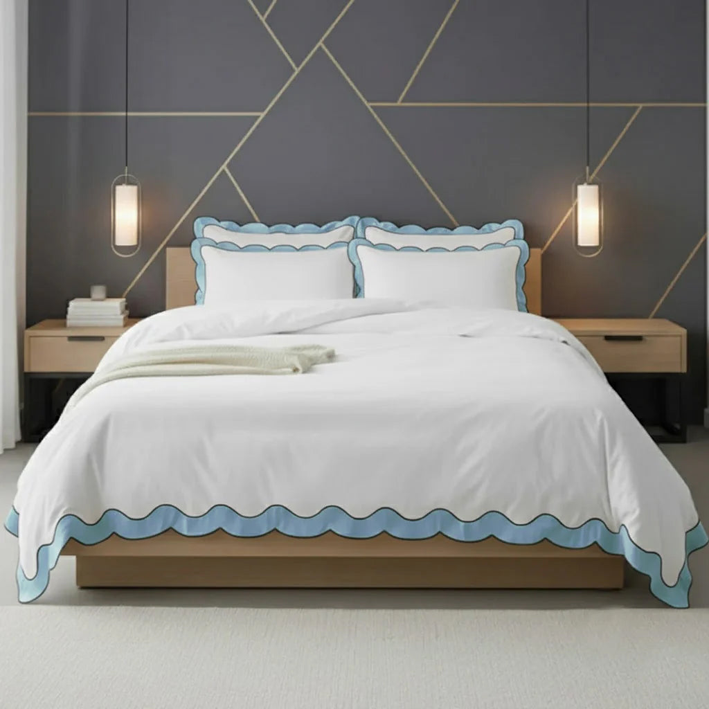 Scalloped & Wavy Applique Embroidery Cotton Duvet Cover Set