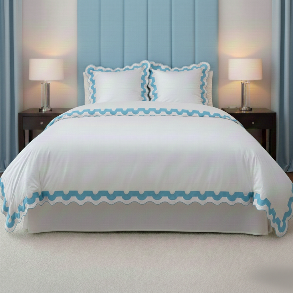 400TC U Shape Applique Scalloped Embroidery Cotton Duvet Cover Set