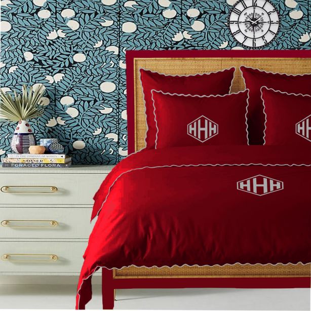 Monogram Burgundy 400TC Cotton Small Scallop Embroidery Duvet Cover Set