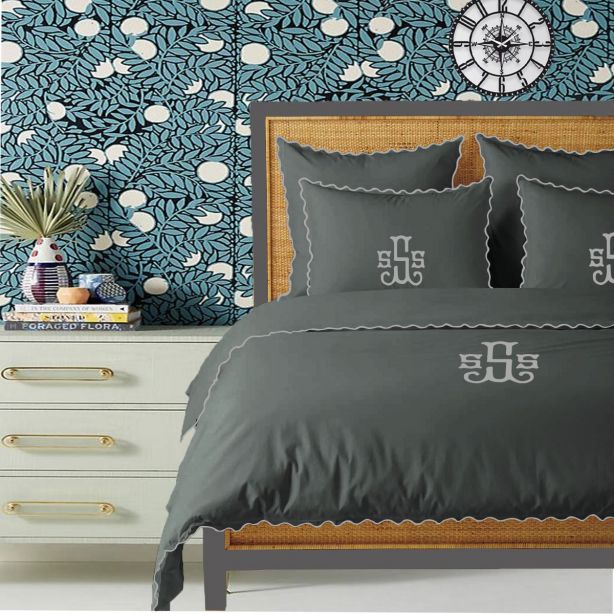 Monogram Dark Grey 400TC Cotton Small Scallop Embroidery Duvet Cover Set