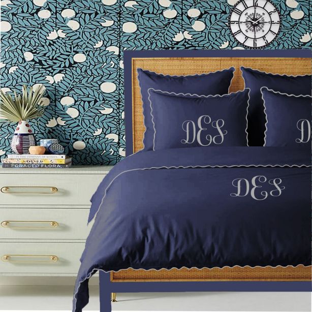 Monogram Navy 400TC Cotton Small Scallop Embroidery Duvet Cover Set