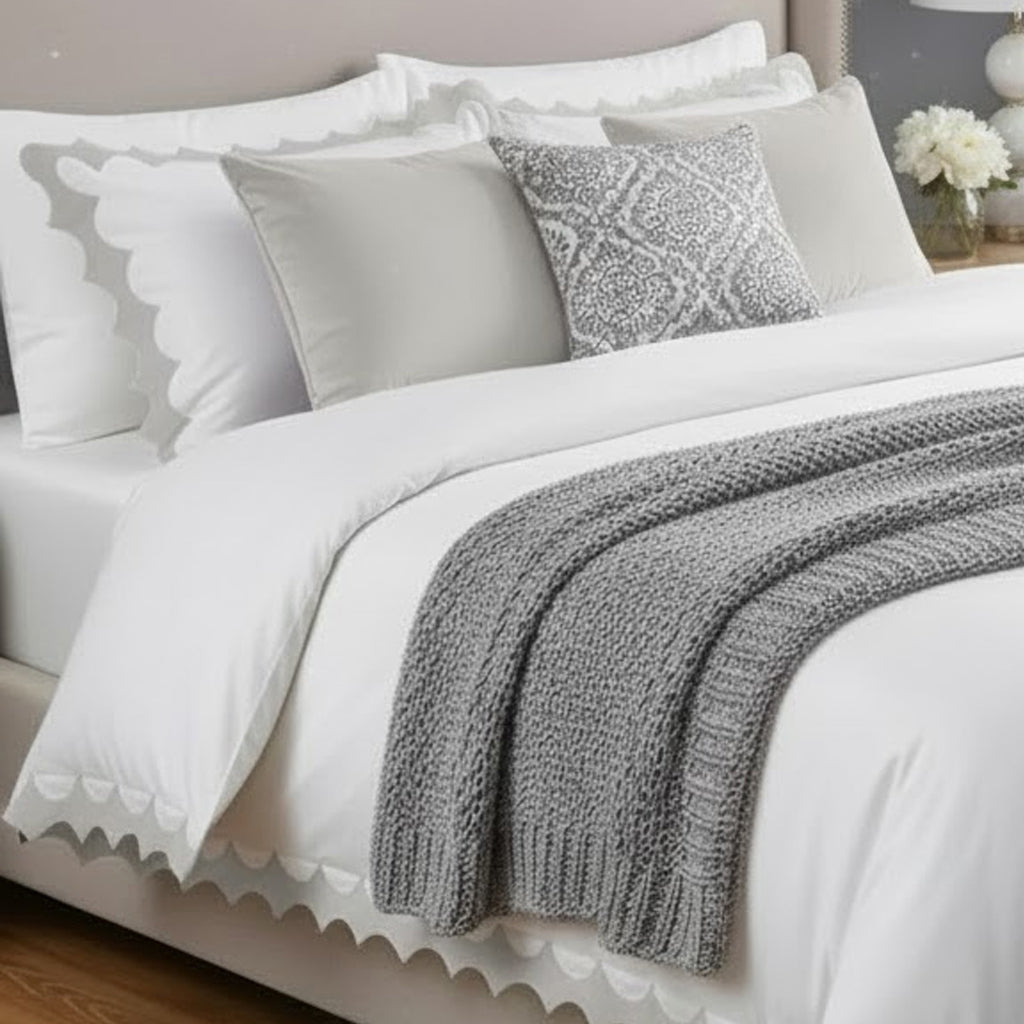 Reverse Scalloped Applique Embroidery Cotton Duvet Cover Set