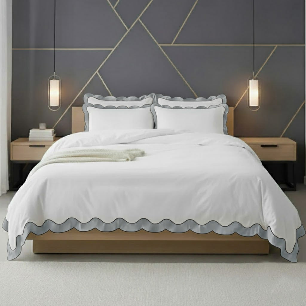 Scalloped & Wavy Applique Embroidery Cotton Duvet Cover Set