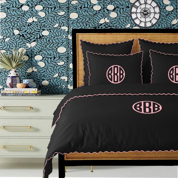 Monogram Black 400TC Cotton Small Scallop Embroidery Duvet Cover Set