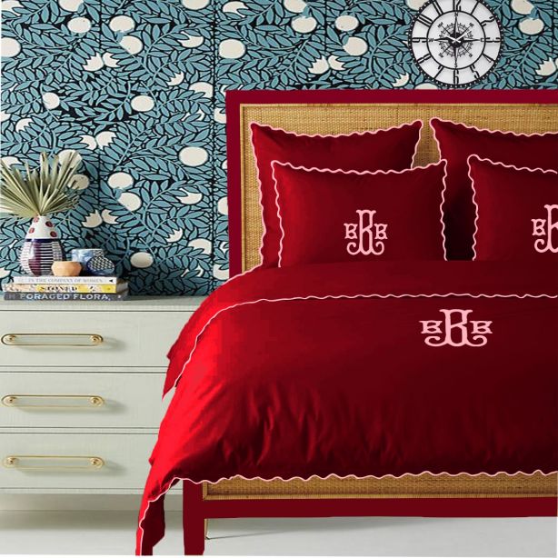 Monogram Burgundy 400TC Cotton Small Scallop Embroidery Duvet Cover Set