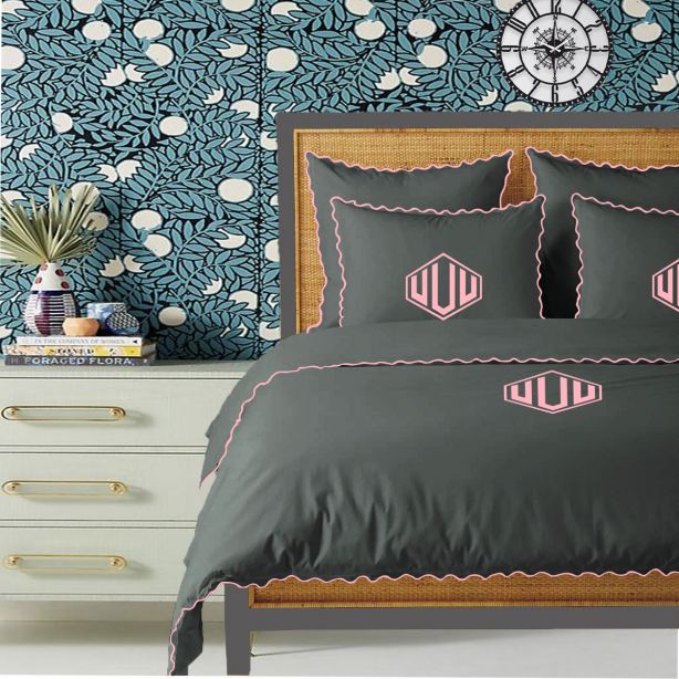 Monogram Dark Grey 400TC Cotton Small Scallop Embroidery Duvet Cover Set