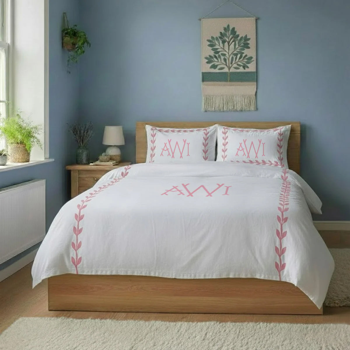 Monogram Layered Leaf Applique Cotton Duvet Cover Set