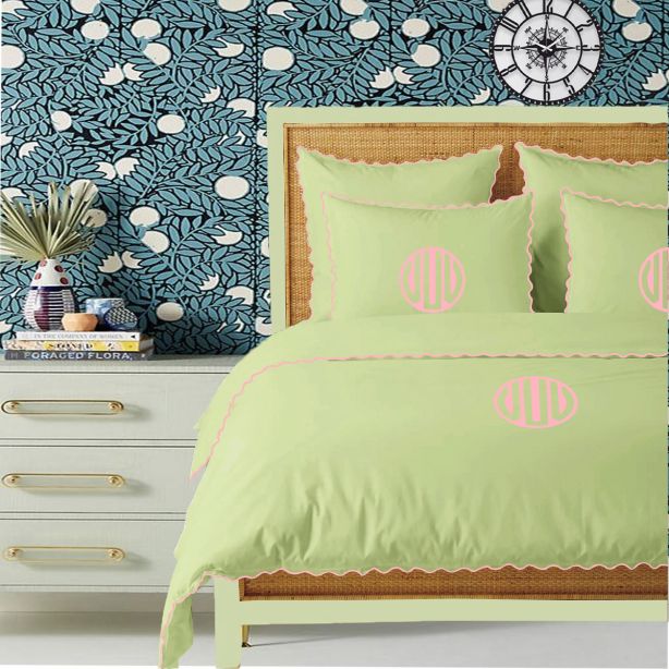 Monogram Sage 400TC Cotton Small Scallop Embroidery Duvet Cover Set