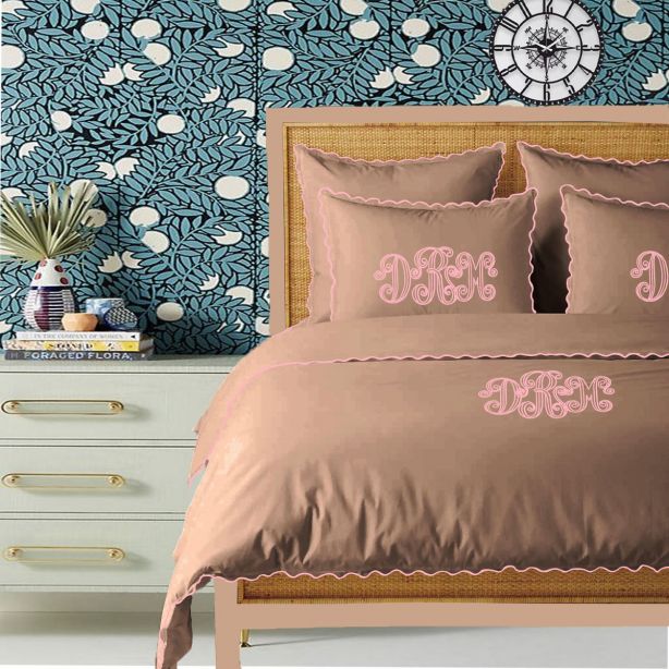 Monogram Taupe 400TC Cotton Small Scallop Embroidery Duvet Cover Set