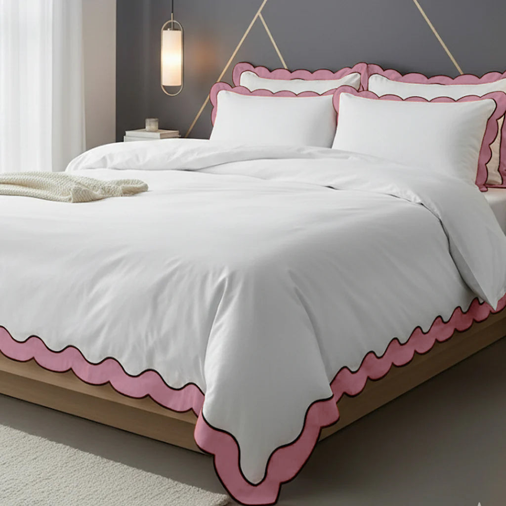 Scalloped & Wavy Applique Embroidery Cotton Duvet Cover Set
