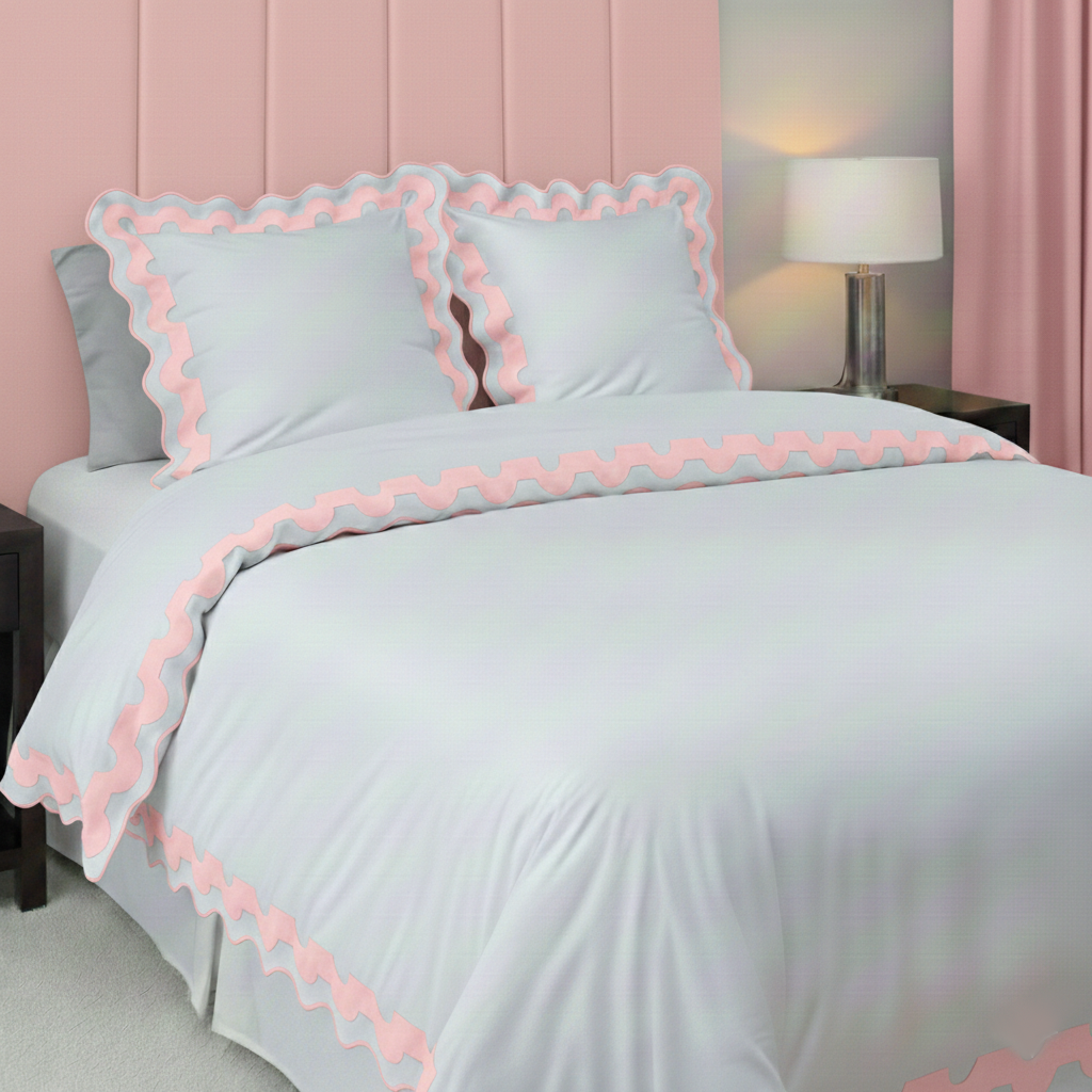 400TC U Shape Applique Scalloped Embroidery Cotton Duvet Cover Set