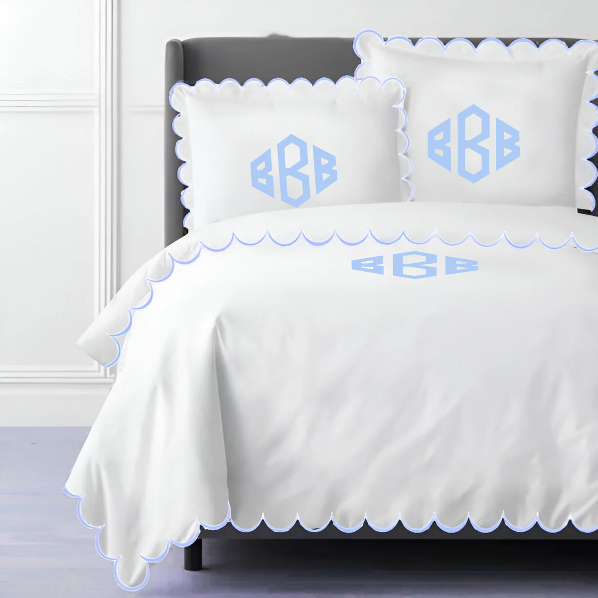 Monogram Allena 400TC Cotton Scallop Embroidery Sateen Solid Duvet Cover Set