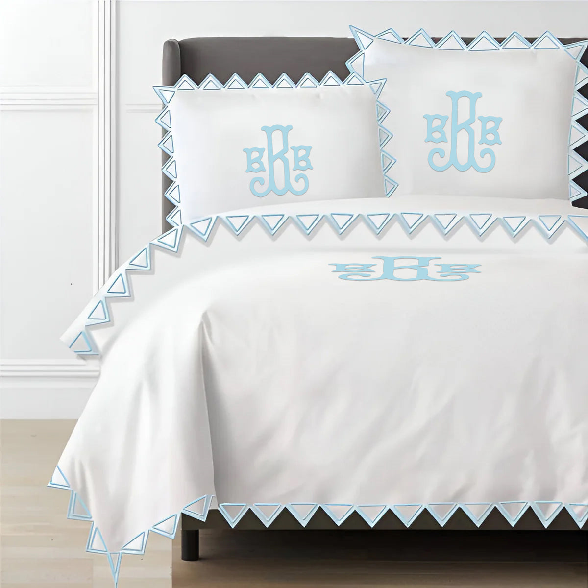 Monogram Ashley 400TC Cotton Traingle Embroidery Sateen Solid Duvet Cover Set