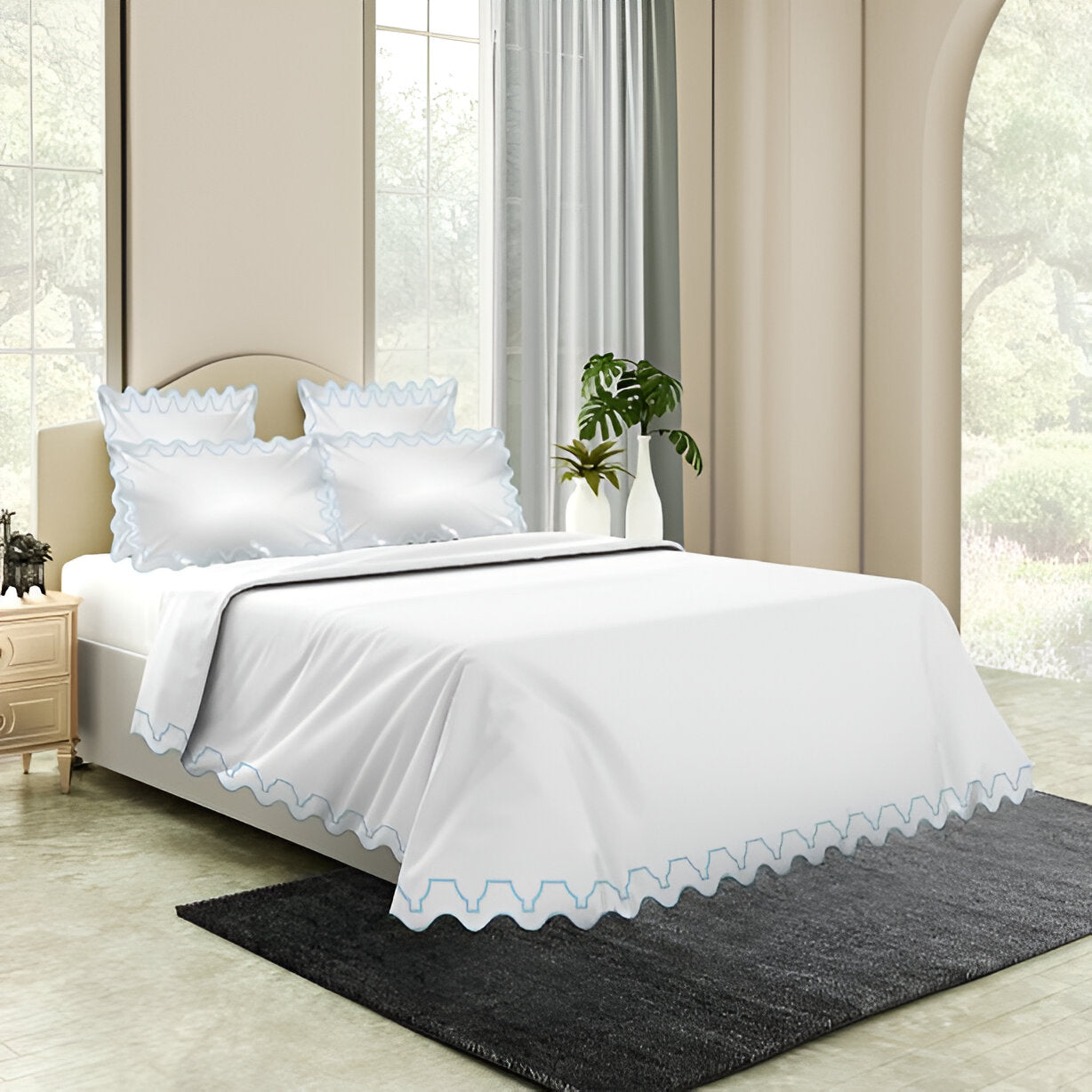 Imaginary Scallop 400TC Cotton Embroidery Sateen Solid Duvet Cover Set