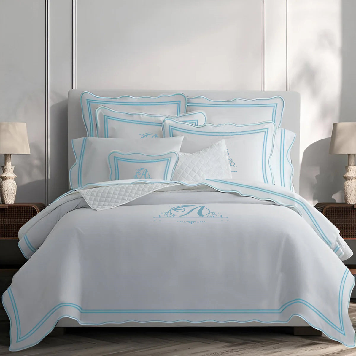 Monogram 400TC Wavy Embroidery & Border Cotton Sateen Solid Duvet Cover Set
