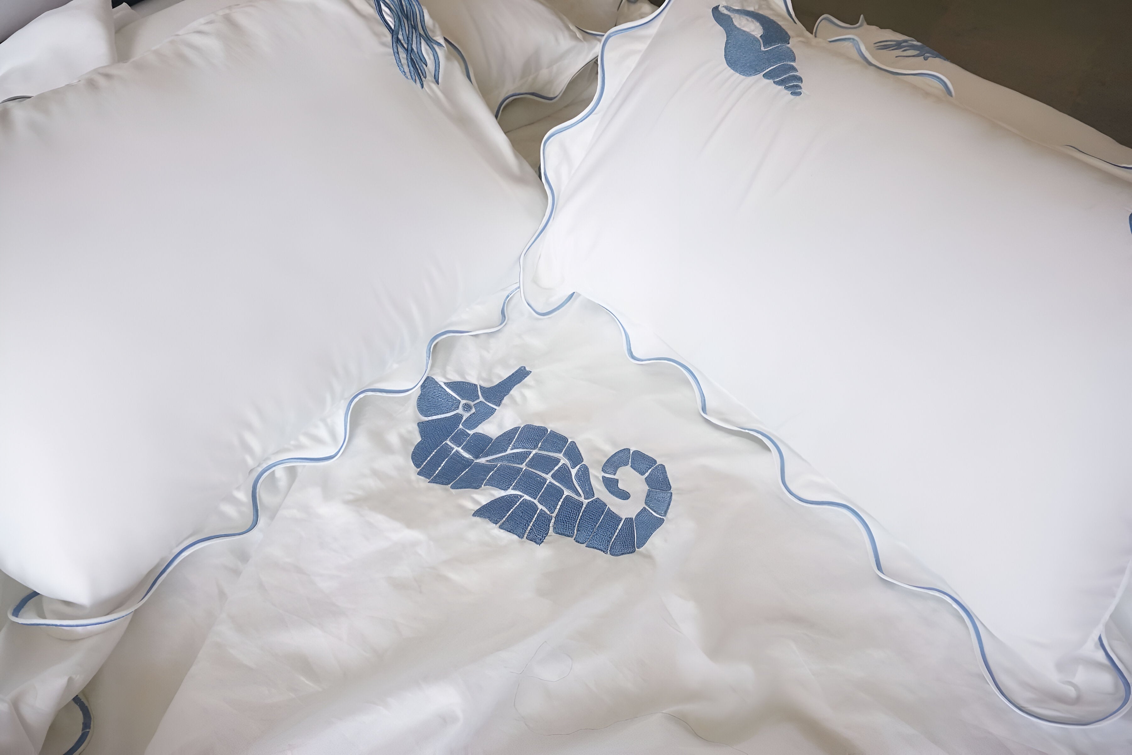 Seahorse Embroidered Cotton Sateen Duvet Cover Set
