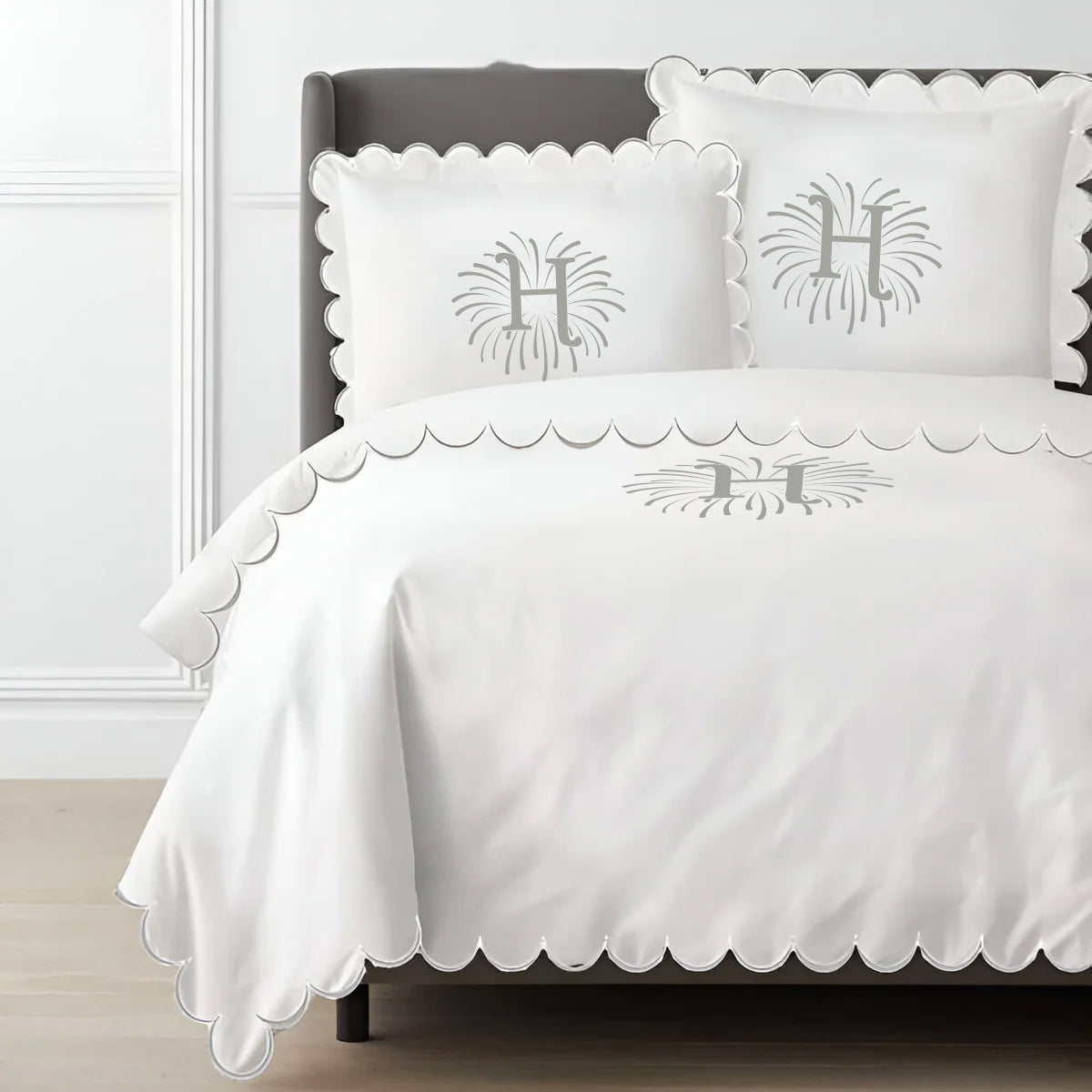 Monogram Allena 400TC Cotton Scallop Embroidery Sateen Solid Duvet Cover Set
