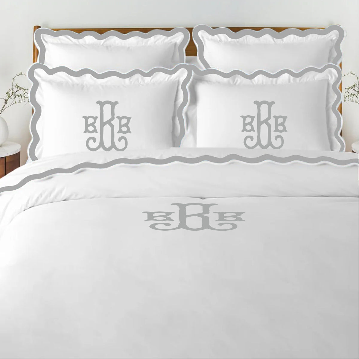 Monogram 400TC Applique Scalloped Embroidery Cotton Duvet Cover Set