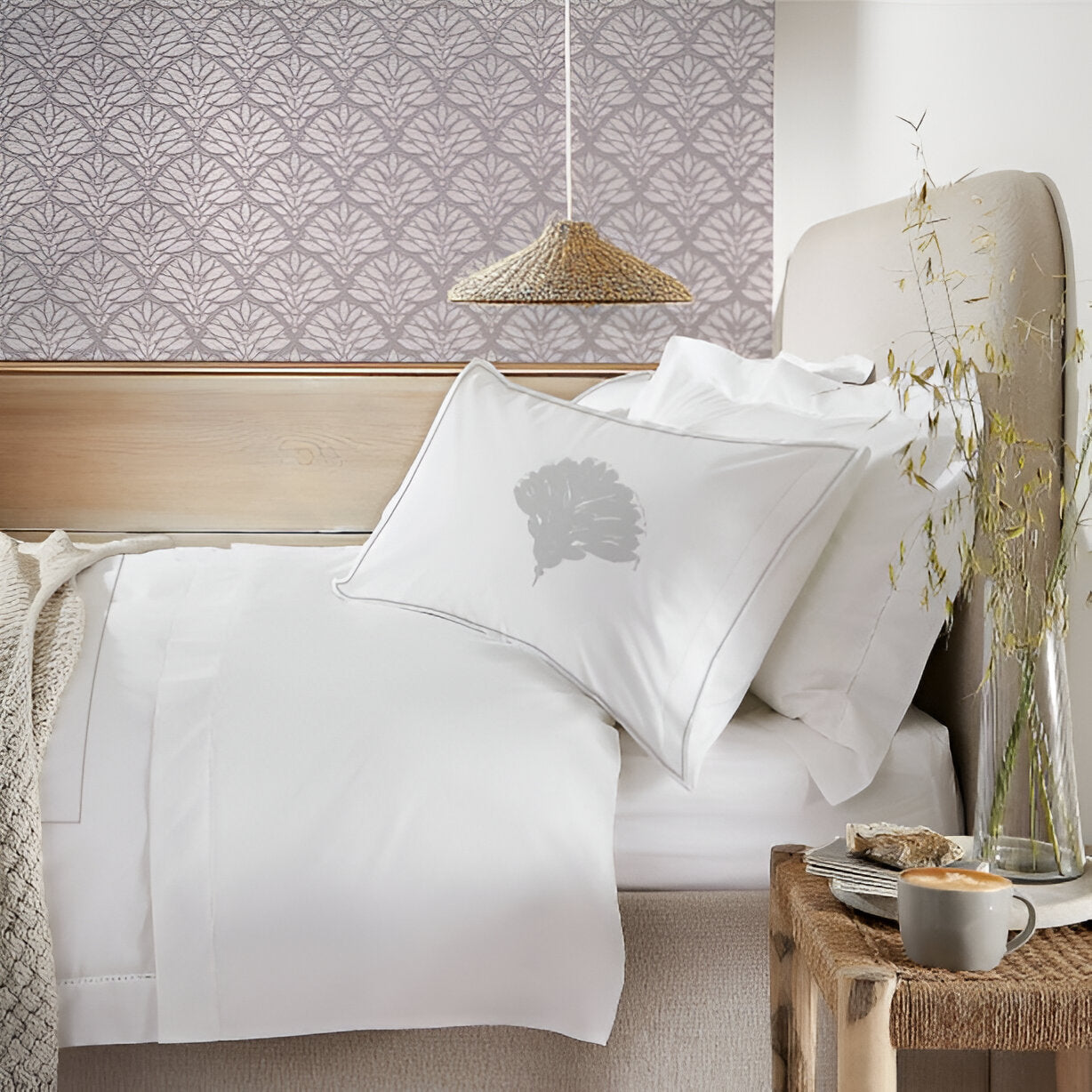 Leafy Embroidered Cotton Sateen Duvet Cover Set