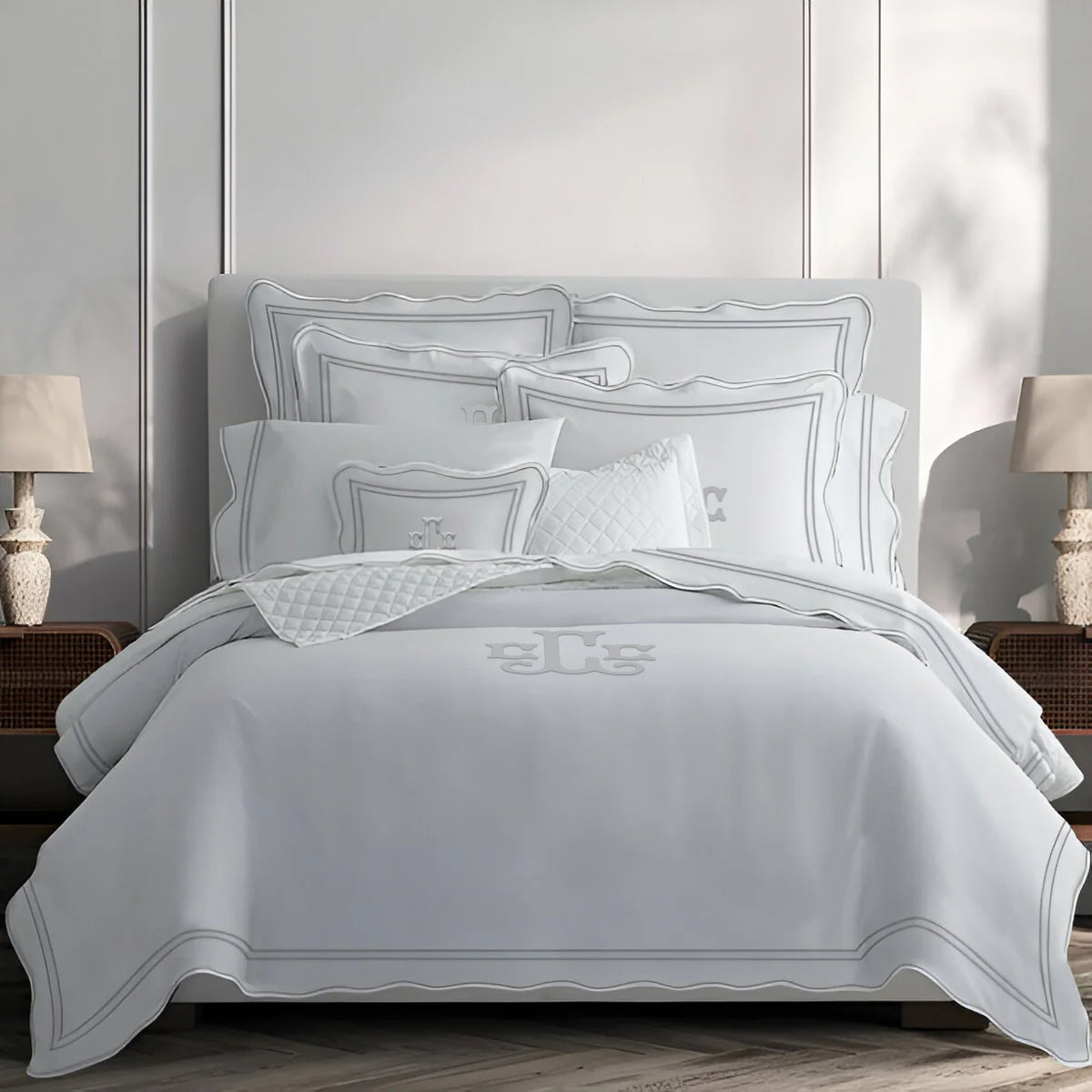 Monogram 400TC Wavy Embroidery & Border Cotton Sateen Solid Duvet Cover Set