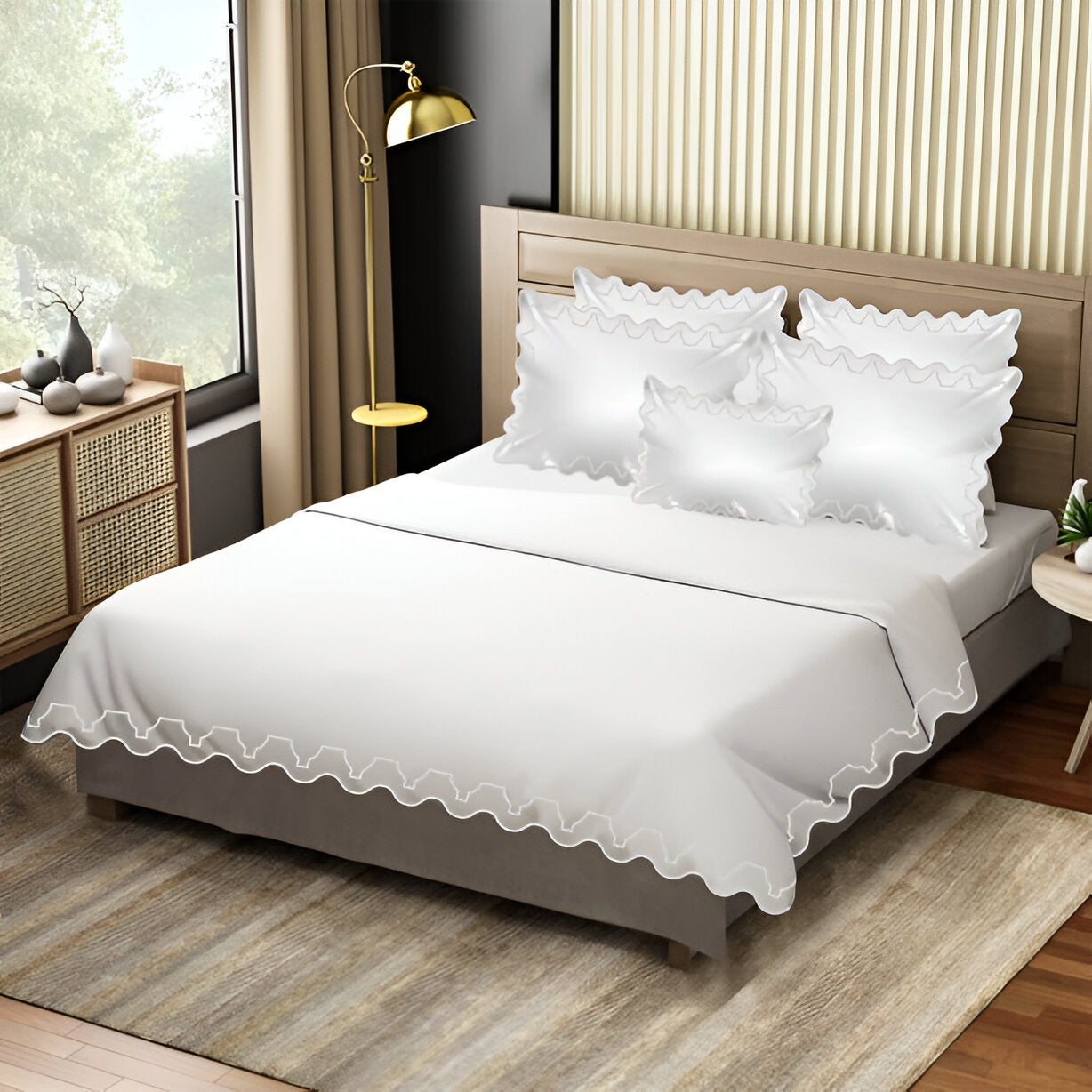 Imaginary Scallop 400TC Cotton Embroidery Sateen Solid Duvet Cover Set