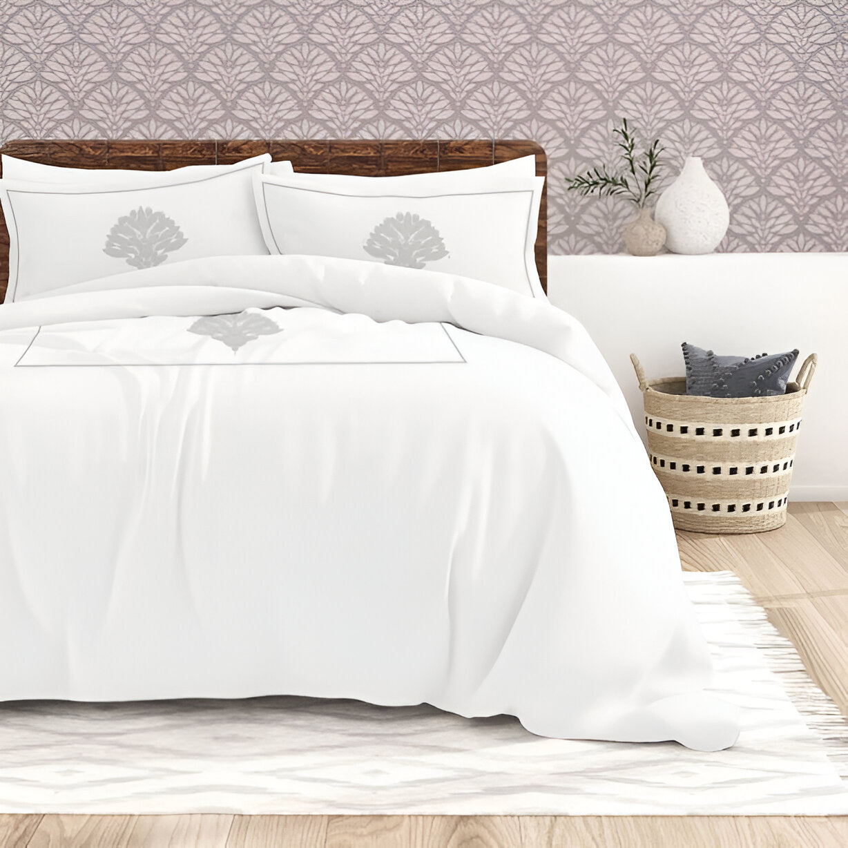 Leafy Embroidered Cotton Sateen Duvet Cover Set