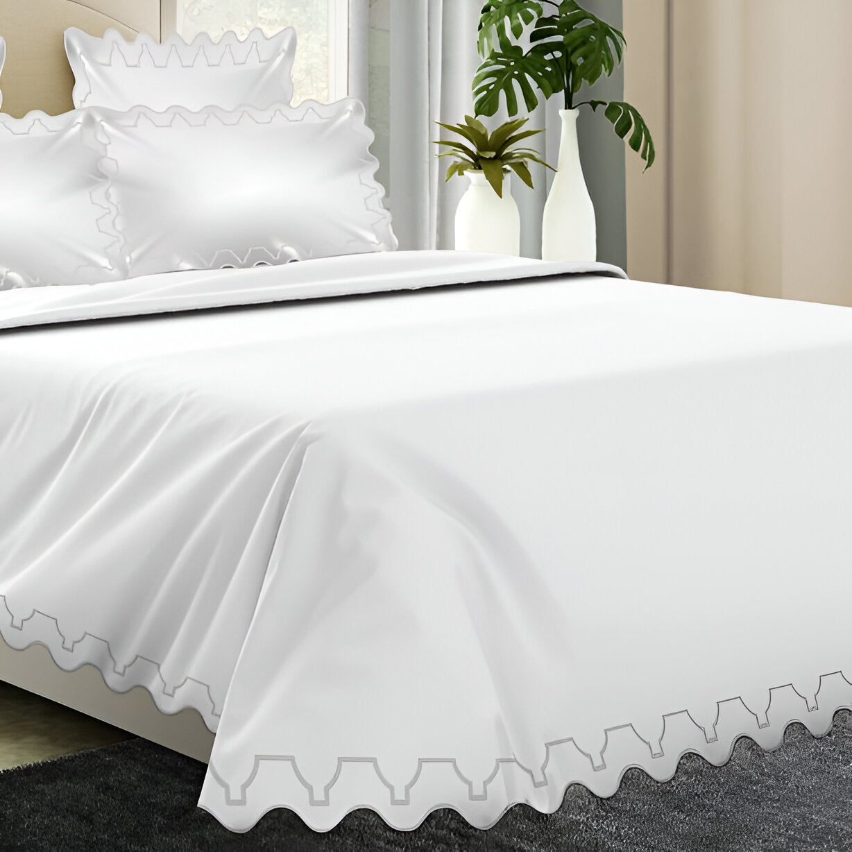 Imaginary Scallop 400TC Cotton Embroidery Sateen Solid Duvet Cover Set