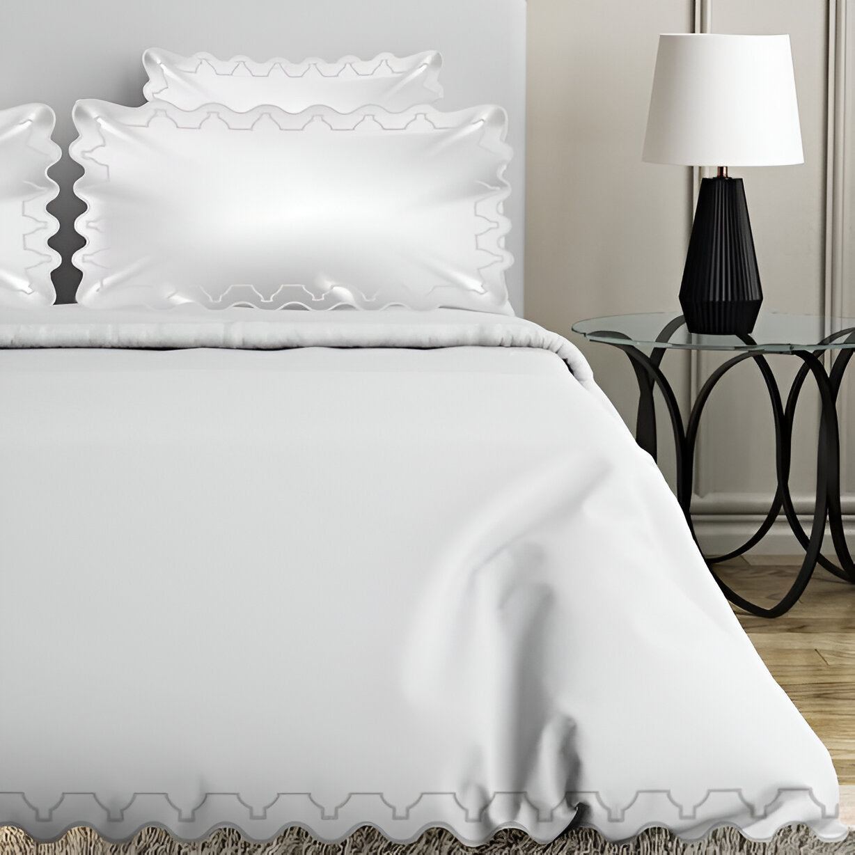 Imaginary Scallop 400TC Cotton Embroidery Sateen Solid Duvet Cover Set
