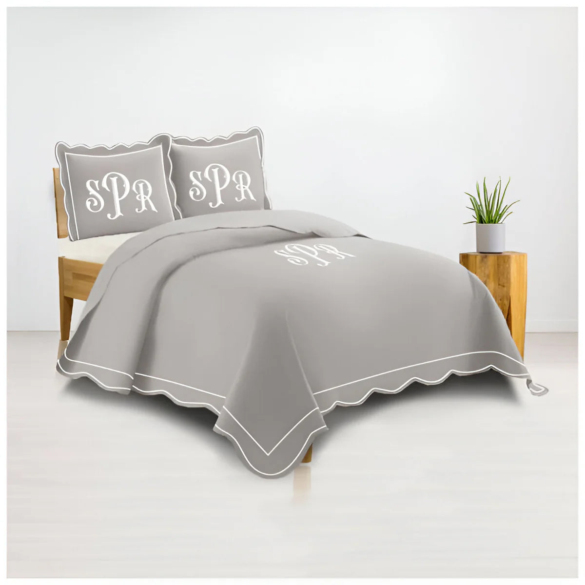 Monogram 400TC Luxurious Wavy Embroidery & Border Cotton Sateen Duvet Cover Set