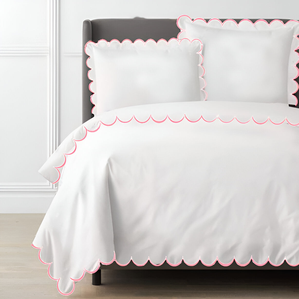 Allena 400TC Cotton Scallop Embroidery Sateen Solid Duvet Cover Set