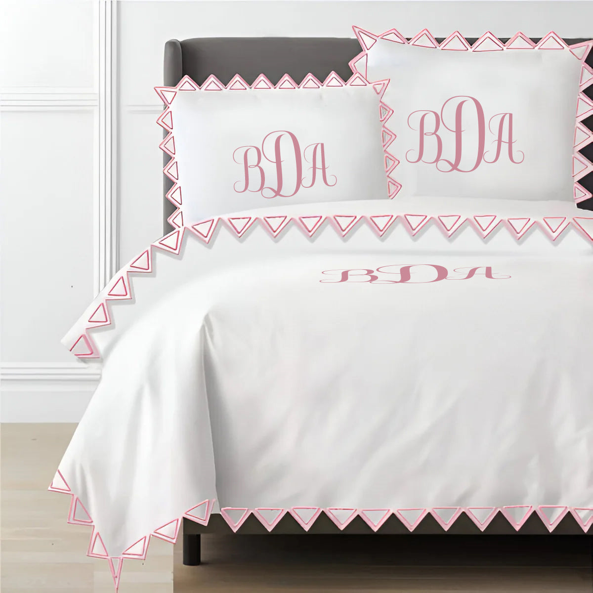 Monogram Ashley 400TC Cotton Traingle Embroidery Sateen Solid Duvet Cover Set