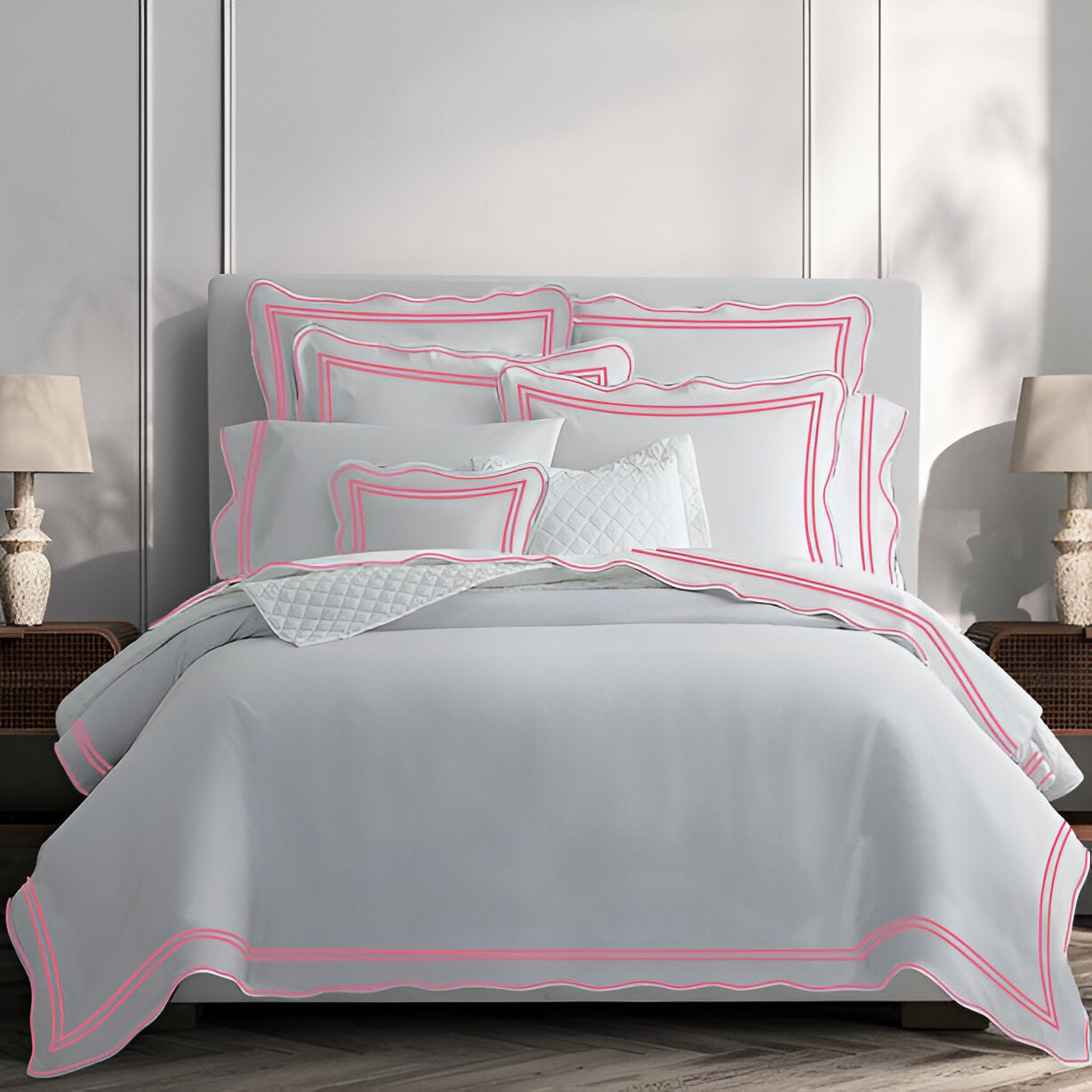 400TC Wavy Embroidery & Border Cotton Sateen Solid Duvet Cover Set