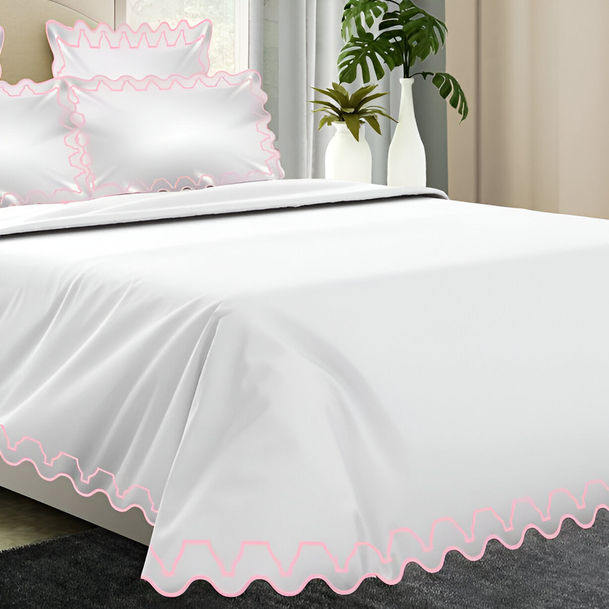 Imaginary Scallop 400TC Cotton Embroidery Sateen Solid Duvet Cover Set