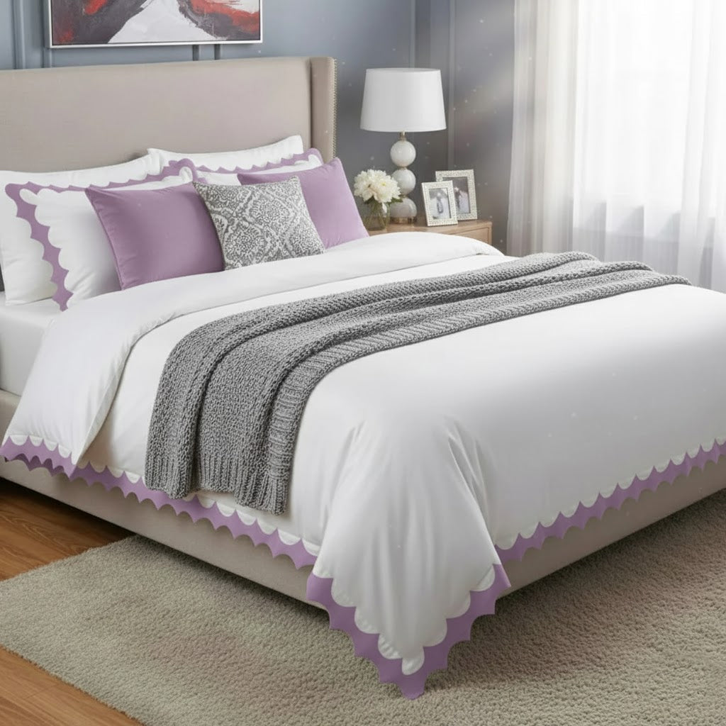 Reverse Scalloped Applique Embroidery Cotton Duvet Cover Set