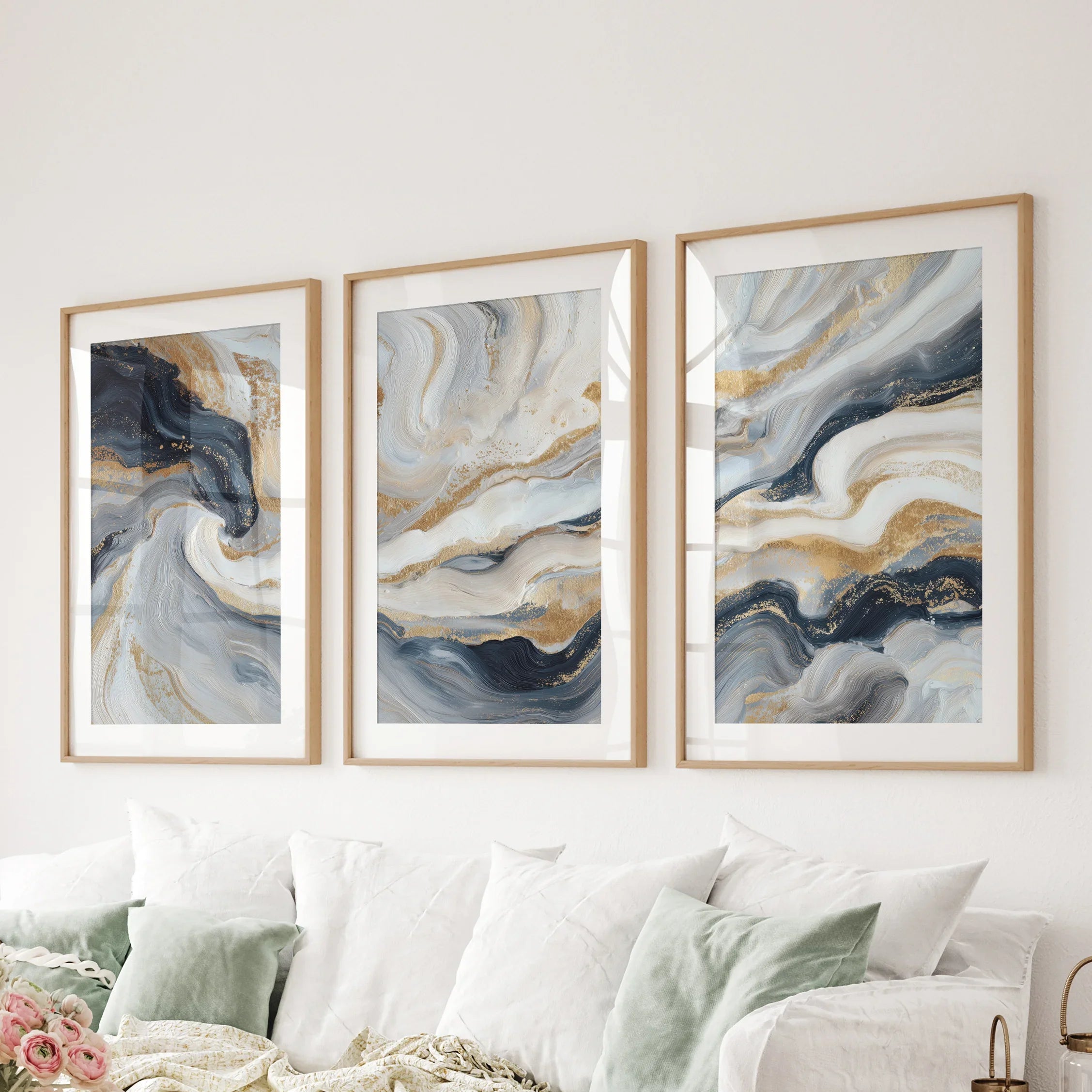 3 Piece Modern Abstract Marble Wall Art: Navy Blue and Gold