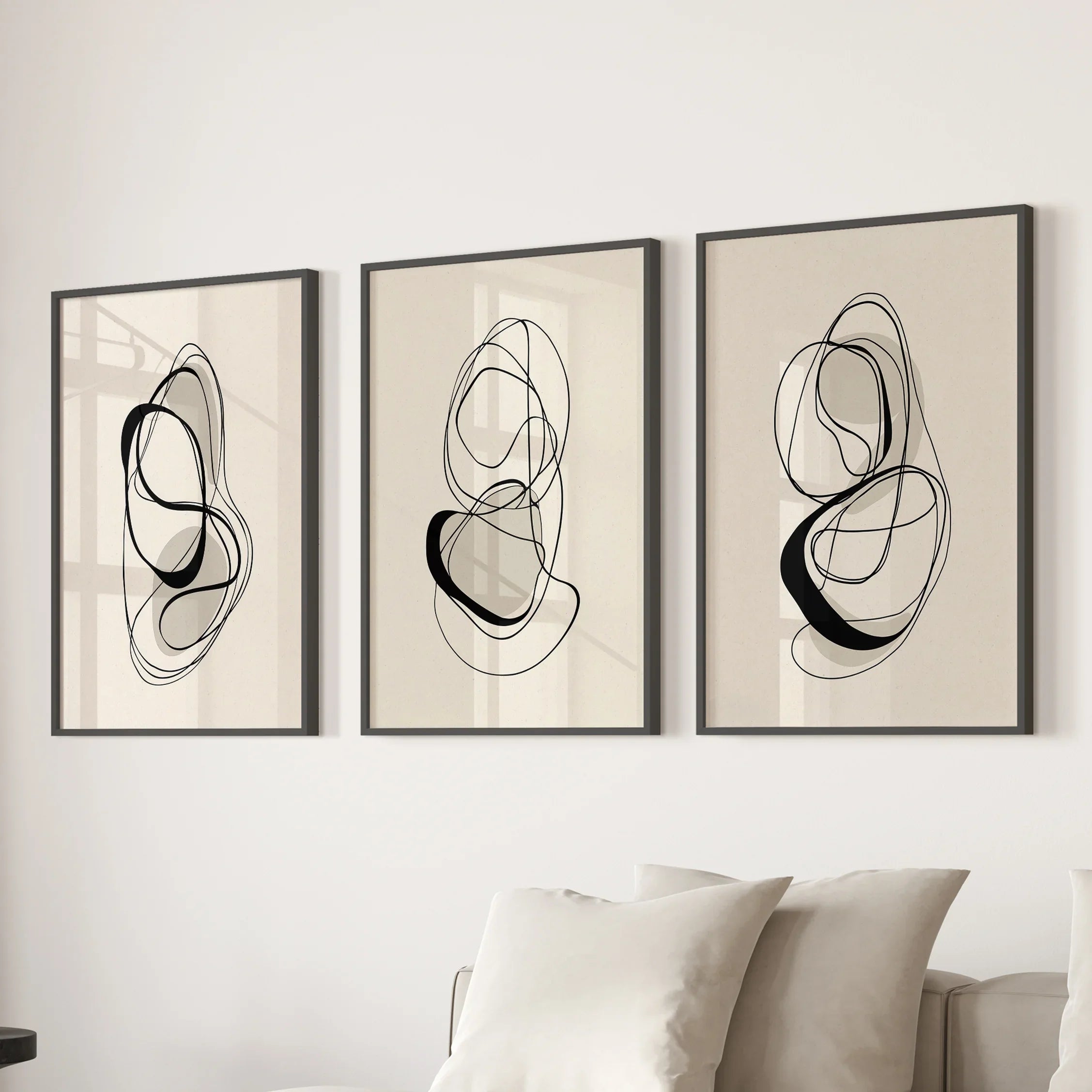 Black and Beige Abstract Set of 3 Wall Art. Minimalist Lines