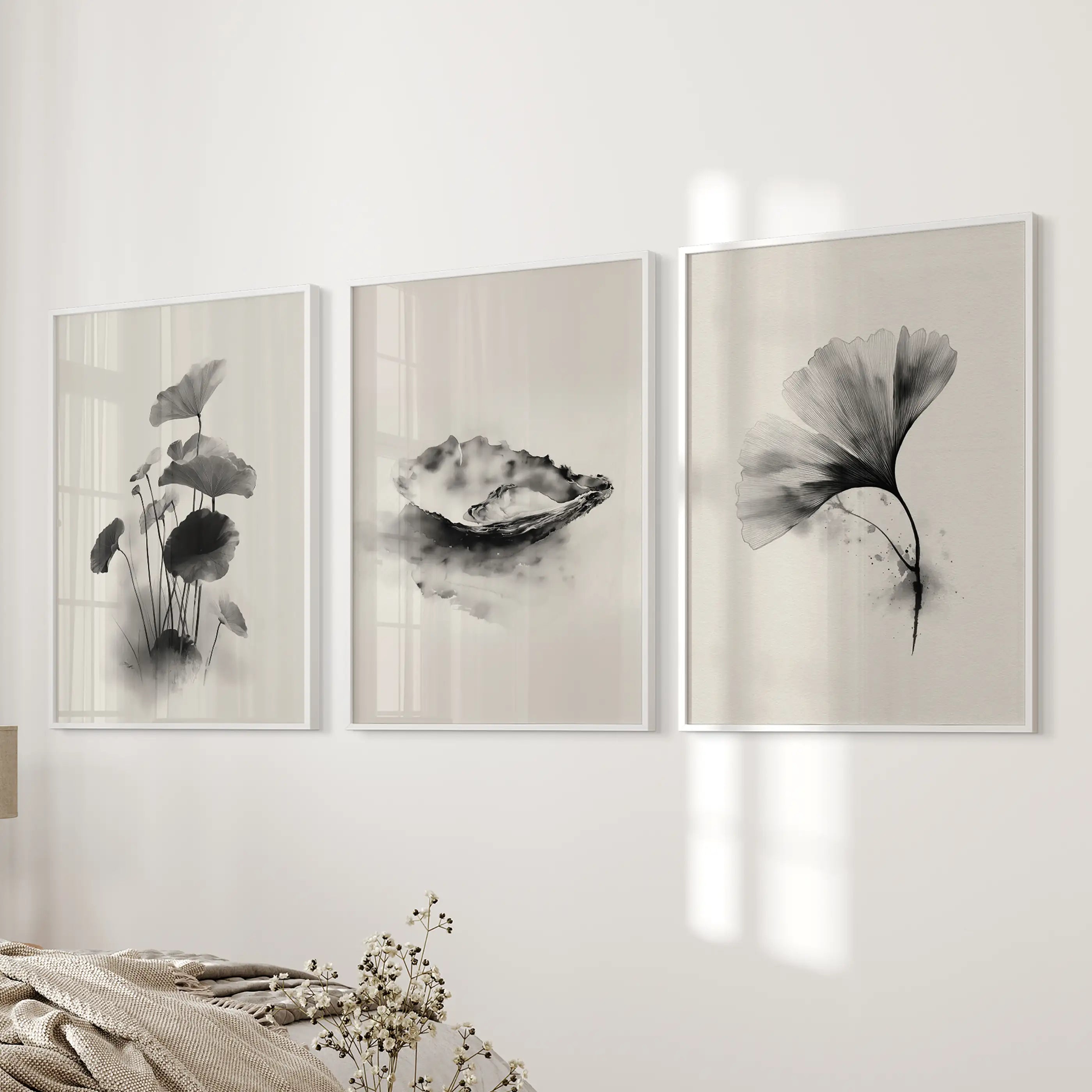 Minimalist Japanese Set of 3 Prints. Black and White Flowers Decor
