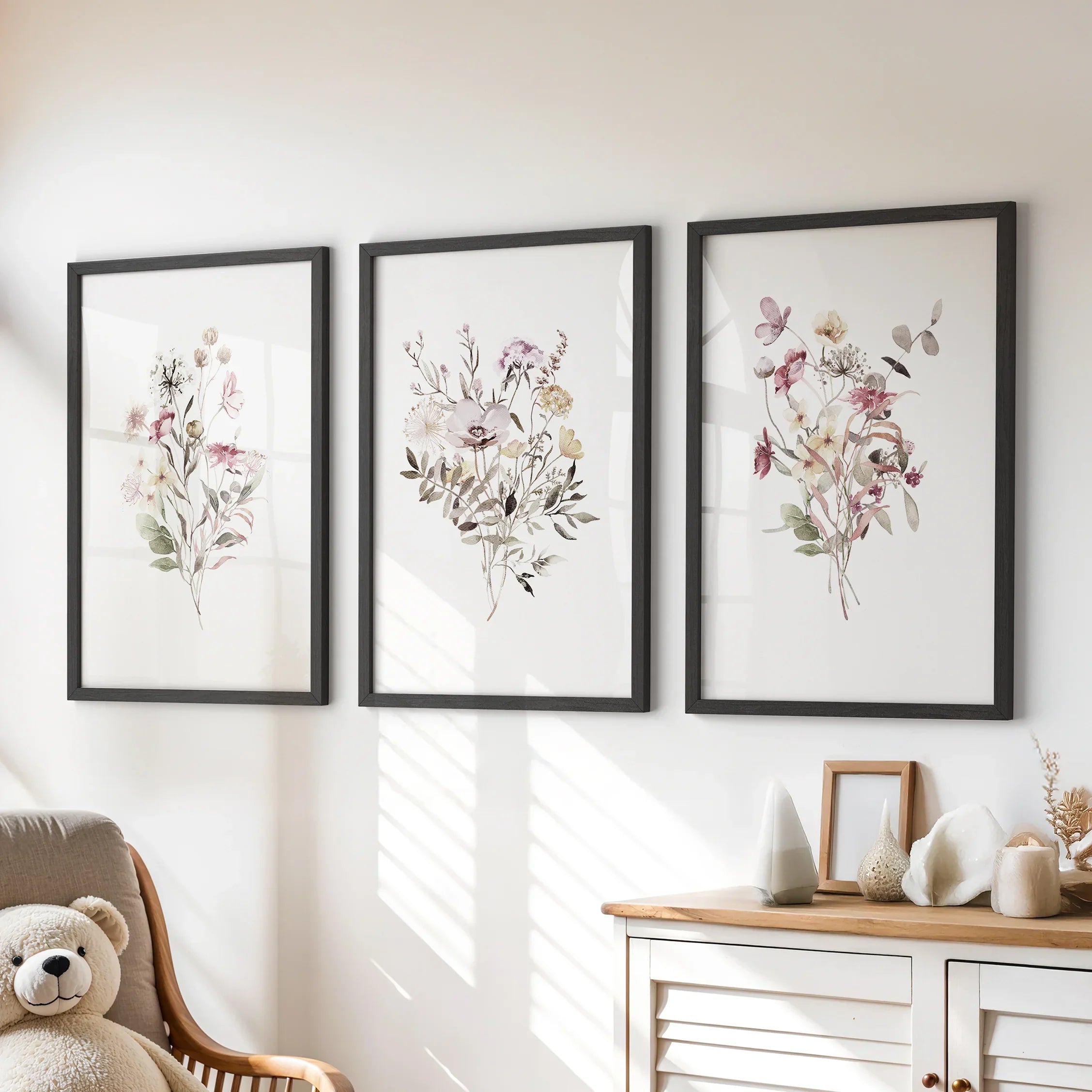 Floral Art Set of 3. Watercolor Wildflower Bouquet Prints